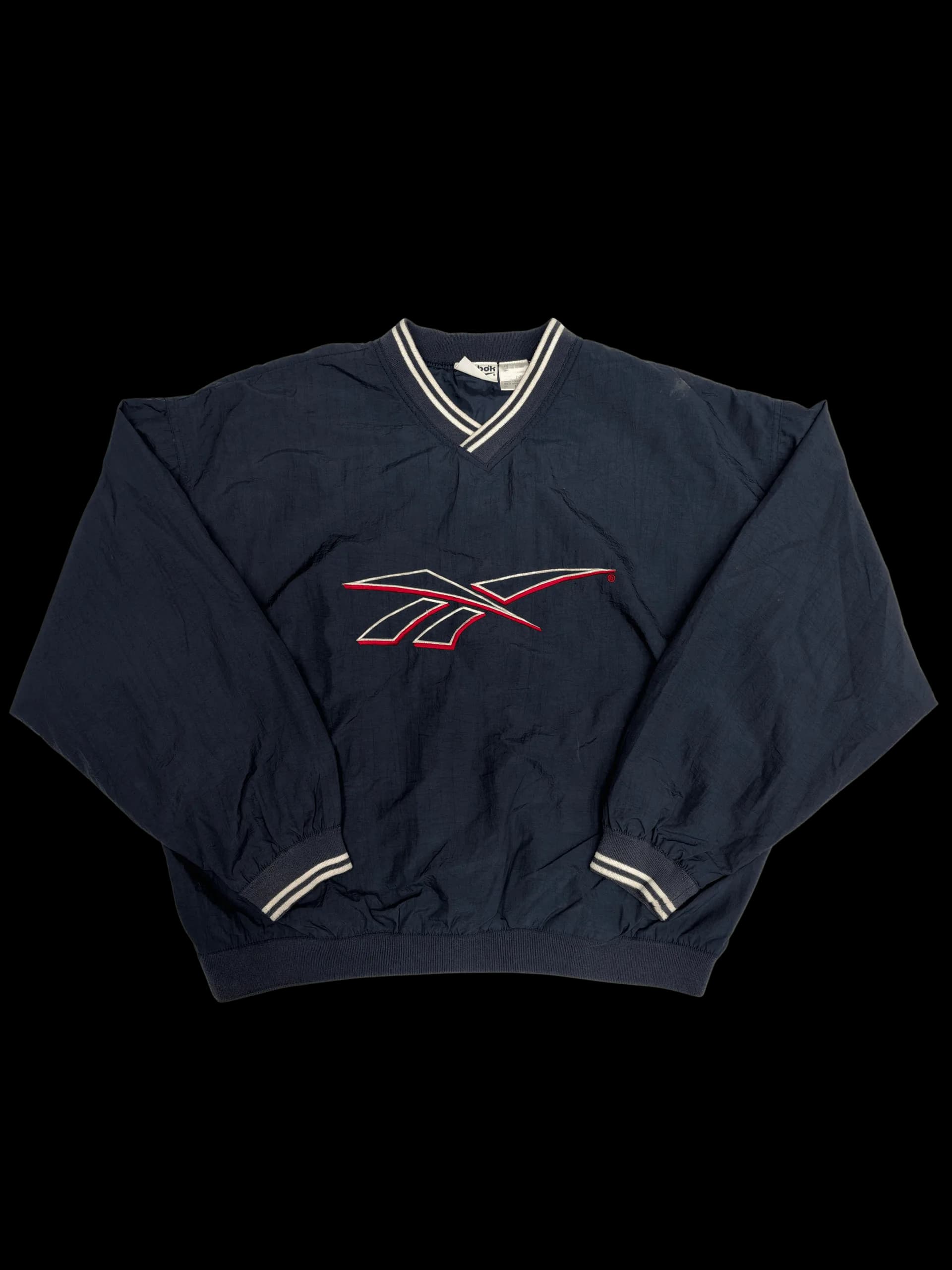 Vintage Pullover-Reebok Big Logo Pullover with Striped Trim L (Navy) - image 1
